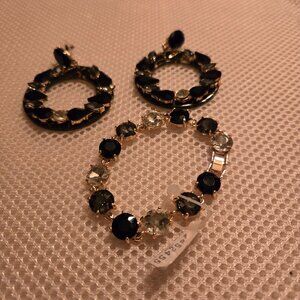 Black, gold, & clear costume bracelet  coordinating black & gold hoop earrings
